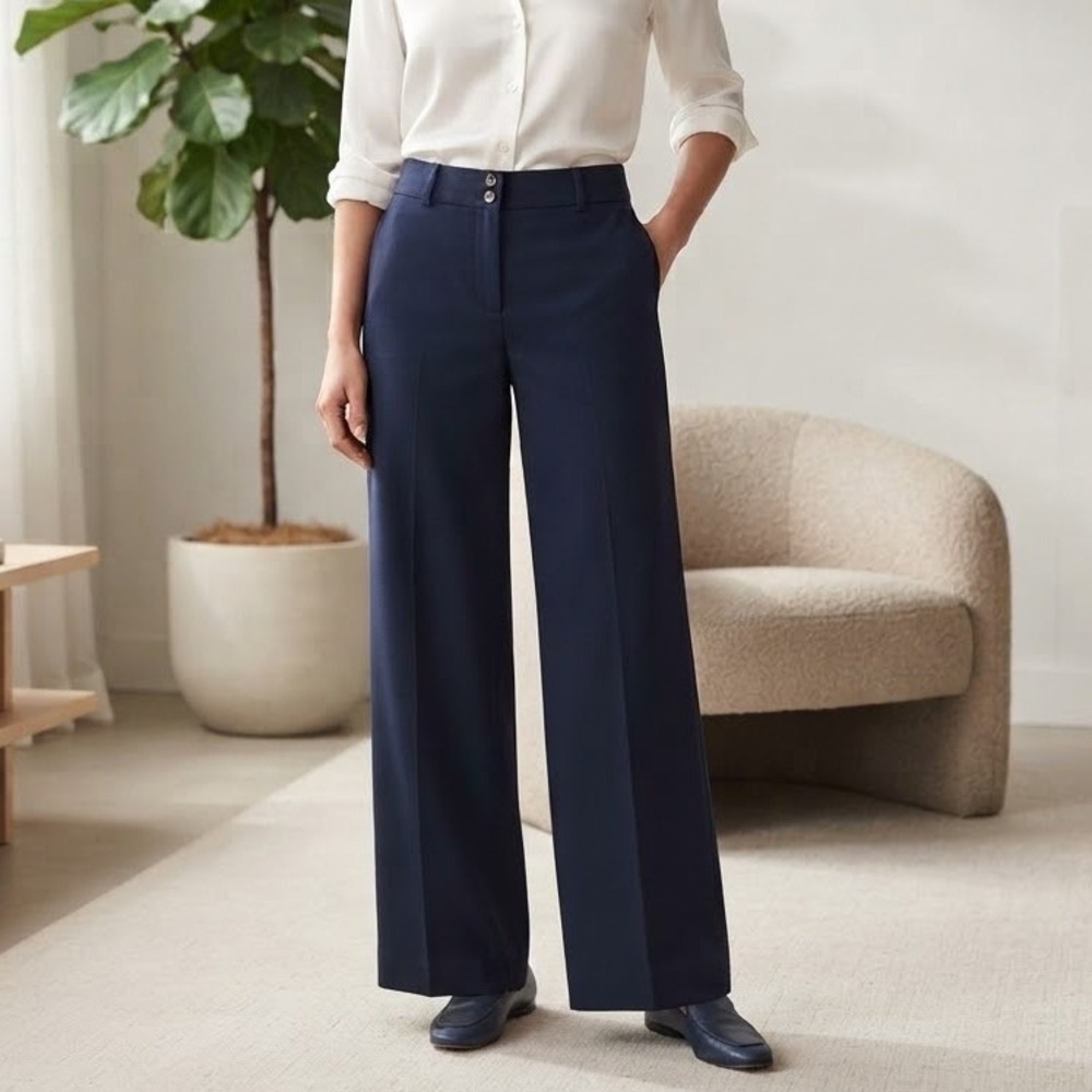 J. Crew Pants Women's 12 Frankie Pant in Everyday Wool Wide Leg Navy Blue AB670